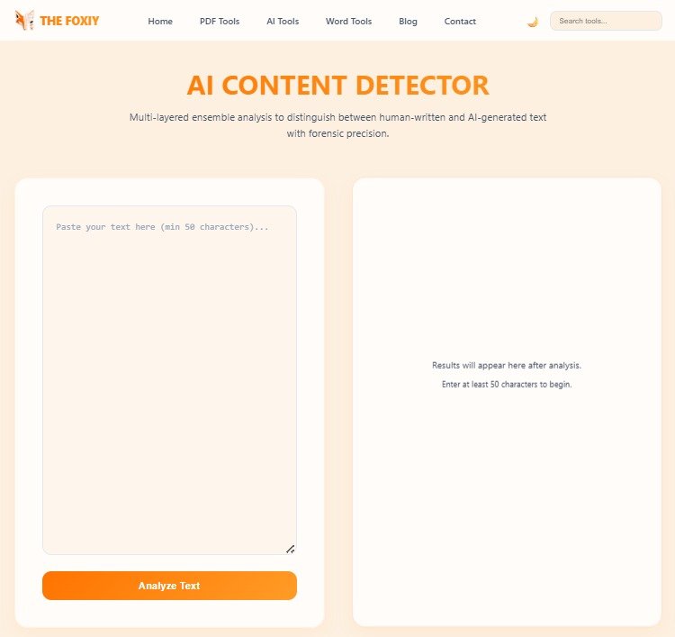 AI Content Detector homepage with text input and analyze button