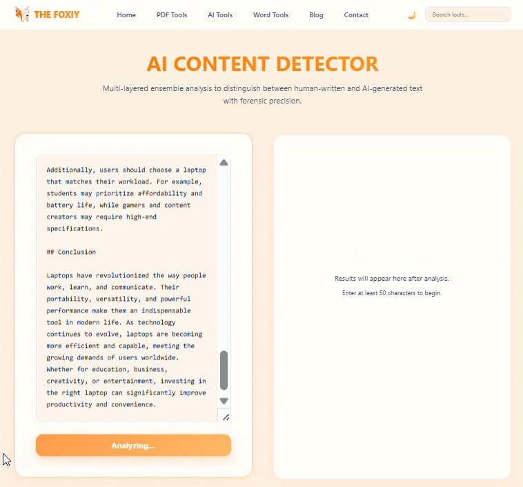 TheFoxiy AI Content Detector analyzing pasted content