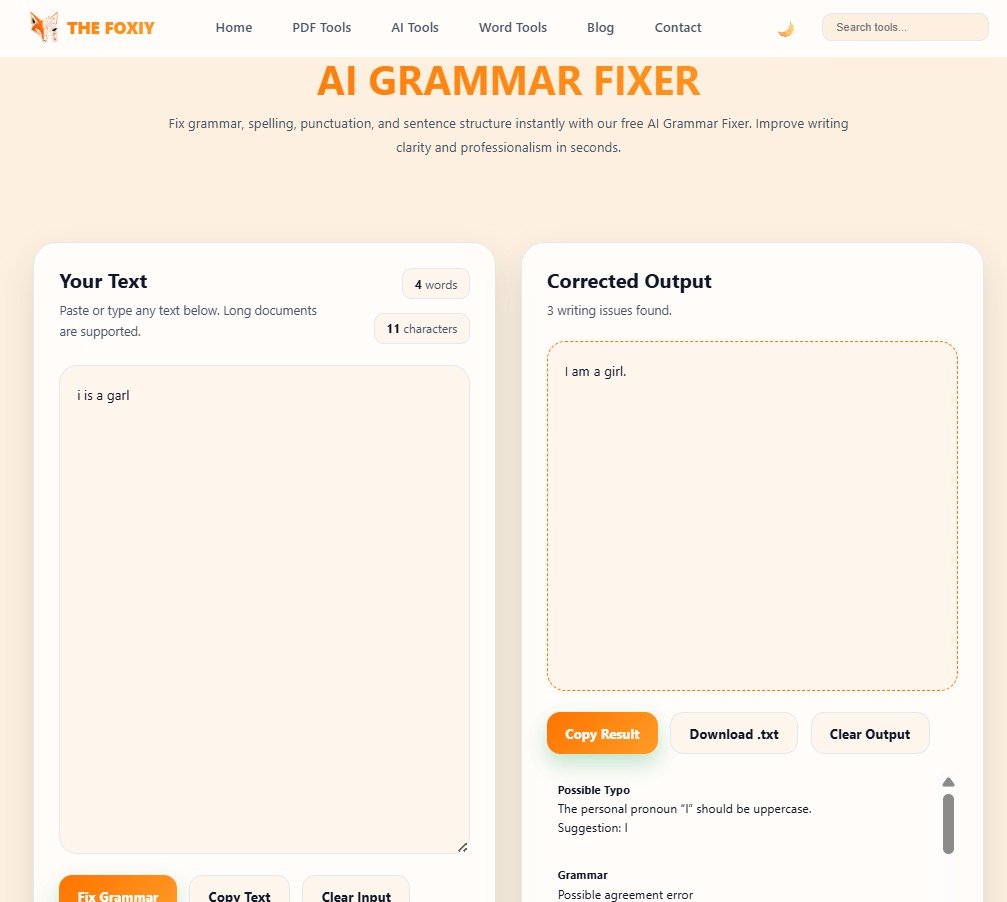 TheFoxiy AI Grammar Fixer analyzing text