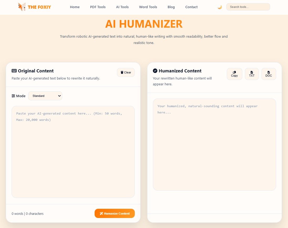 AI Humanizer interface with text input and humanize button