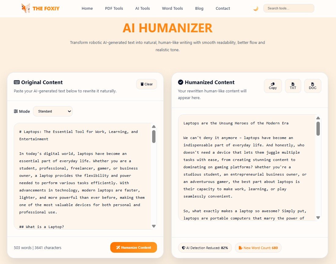 TheFoxiy AI Humanizer results dashboard